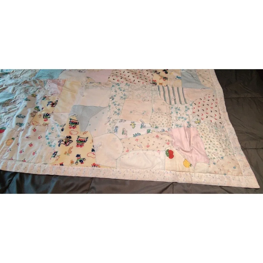 Vintage 1970s Handmade Tied Patchwork Baby Quilt Crib Blanket Nursery 55